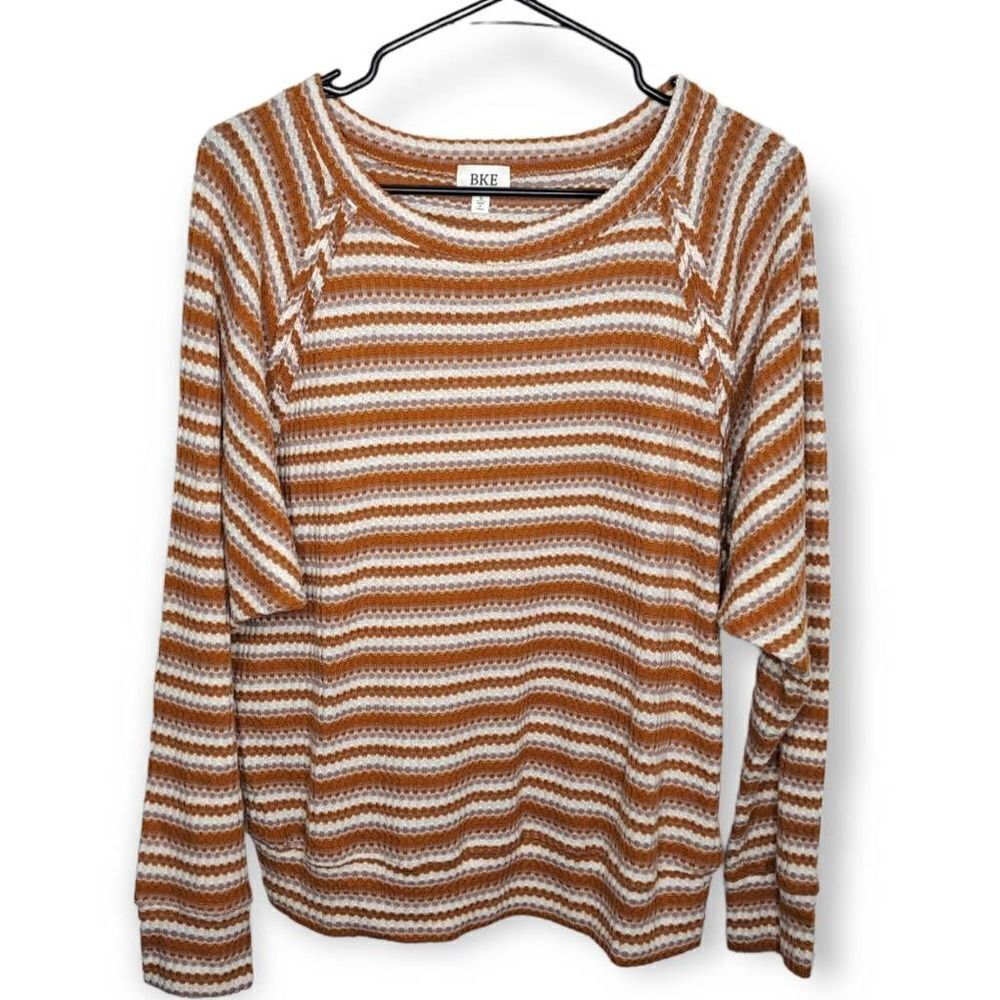 BKE Long Sleeve Striped Sweater Top in Brown and White